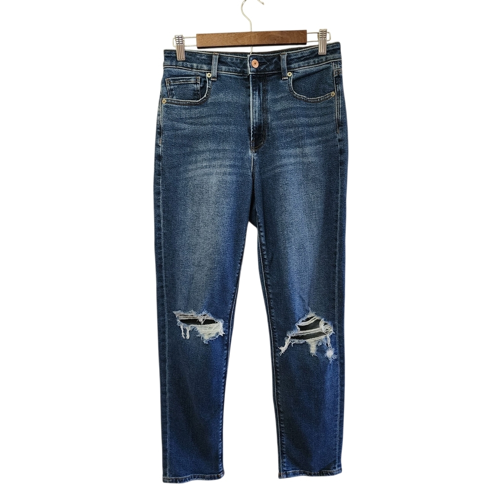American Eagle Distressed Dark Wash Mom Straight Jean Stretch Size 4